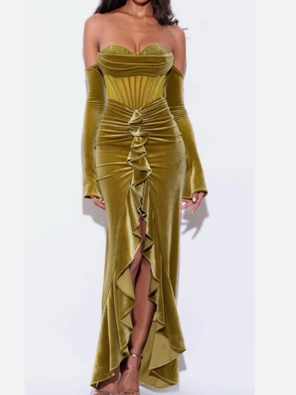 Strapless Olive Velvet Ruffle-Front Evening Gown